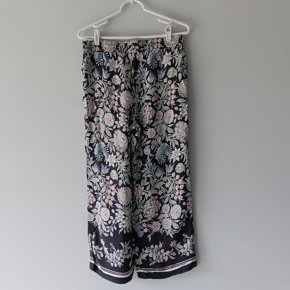 Loft Wide Leg Flowy Pants Drawstring Floral Navy Blue Pink Yellow White Small - Picture 3 of 10